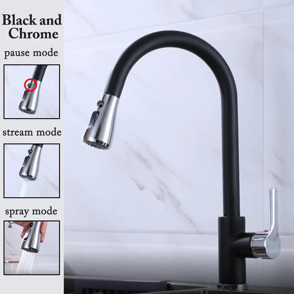 Black Pull-Out Kitchen Faucet with Brushed Nickel and Chrome Finish